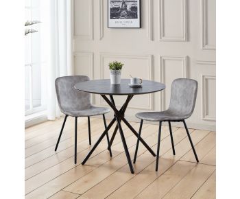 Cullompton Small Black Round Dining Table 90cm with 2 Taupe Leather Effect Chairs