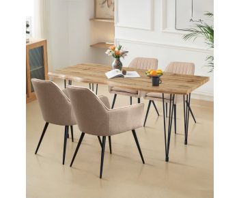 Cullompton Large Dining Table Live Edge Effect Top (1.6m) with 4 Light Brown Fabric Arm Chair