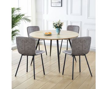Cullompton Large Round Dining Table with Light Oak Effect Top (120cm) with 4 Taupe Leather Effect Chairs
