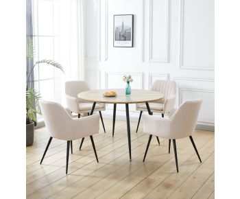 Cullompton Large Oak Effect Round Dining Table with 4 Cream Fabric Chairs