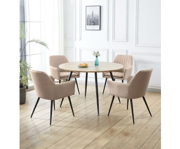 Cullompton Large Oak Effect Round Dining Table with 4 Light Brown Fabric Chairs