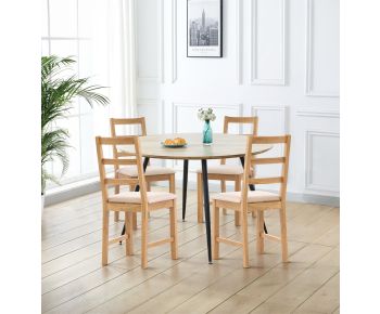 Cullompton Large Oak Effect Round Dining Table with 4 Ladder Back Oak Chairs, Beige Seats
