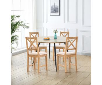 Cullompton Large Oak Effect Round Dining Table with 4 Cross Back Oak Chairs, Beige Seats