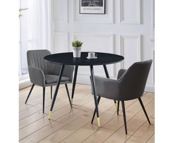 Finley Small Round Dining Table in Black Finish with 2 Dark Grey Fabric Armchairs