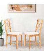Pair of Oak Small Cross Back Chairs with Beige Fabric Seat