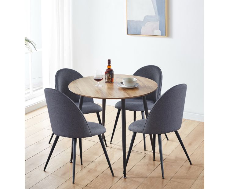 Dining Set, Round Table and Grey Fabric Chairs, Hallowood