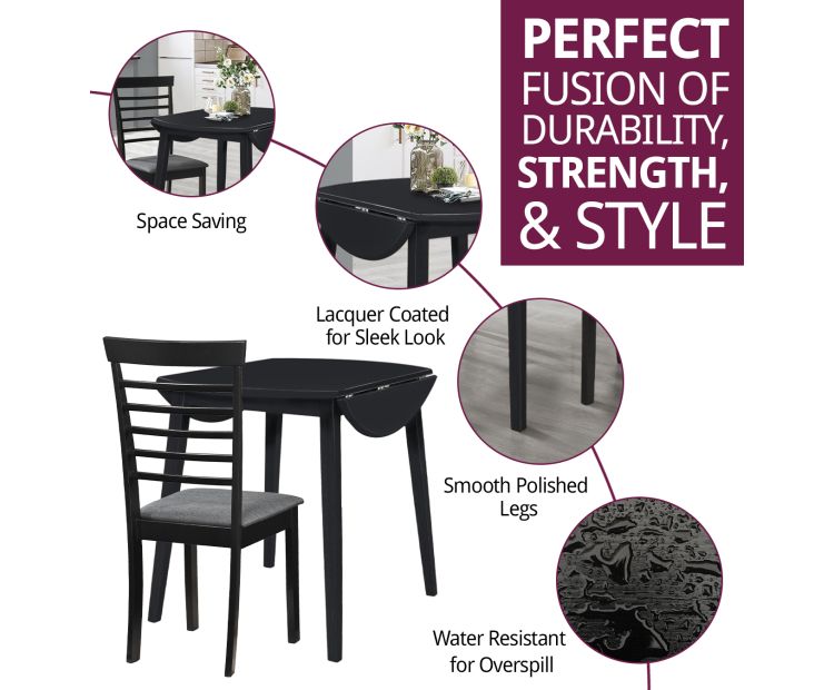 Dining Set, Drop Leaf Black Table with Chairs, Hallowood