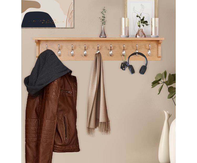 Large Coat Hanger with Shelf, 9-Peg Oak Coat Rack, Hallowood