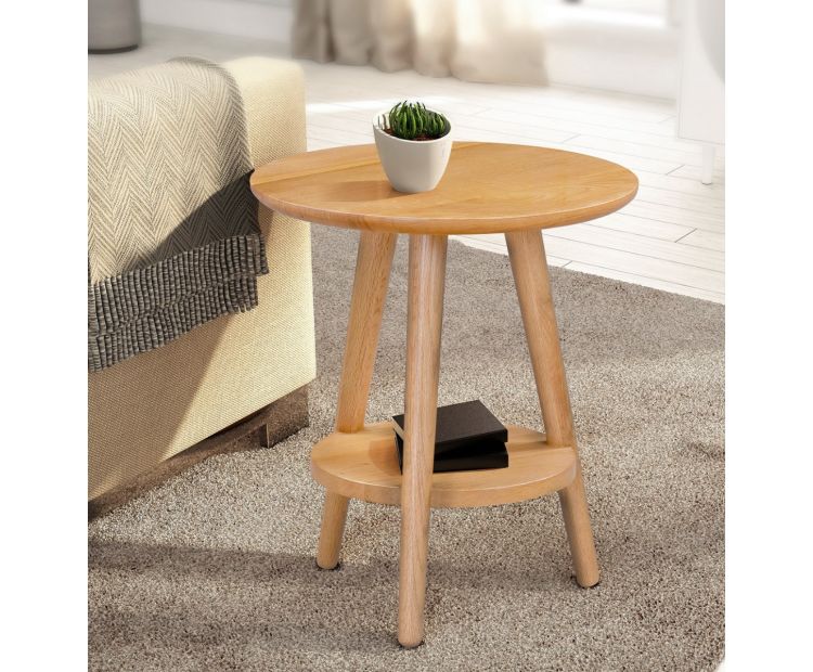 Round Side Table, Lamp Table with Leg and Shelf, Hallowood