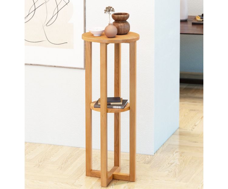 Tall Round Table, Sofa Side Slim Table with Shelf, Hallowood