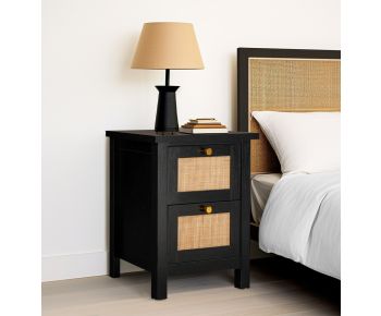 Newquay Black Bedside with 2 Drawer and Real Rattan Front