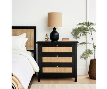 Newquay Black Chest with 3 Drawer and Real Rattan Front