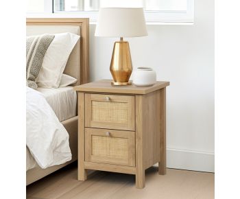 Newquay Oak Effect Bedside Table with 2 Drawer and Real Rattan Front