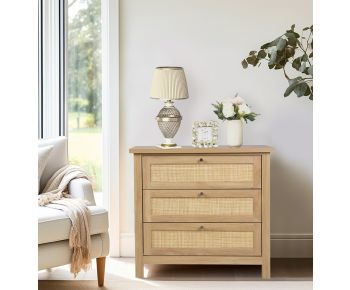 Newquay Oak Effect Chest with 3 Drawer and Real Rattan Front