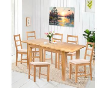 Camberley Oak Butterfly Extending Dining Table with 6 Ladder Back Chairs in Beige Fabric Seats