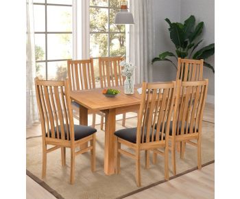 Camberley Oak Butterfly Extending Dining Table with 6 Premium Oak Chairs with Brown Bonded Leather Seat
