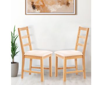 Pair of Oak Small Ladder Back Chairs with Beige Fabric Seat