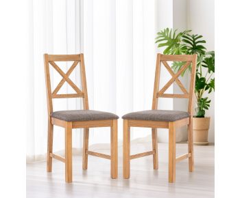 Pair of Oak Small Cross Back Chairs with Grey Fabric Seat