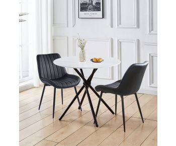 Cullompton Small Round Marble Effect Dining Table 90cm with 2 Black Bonded Leather Chairs