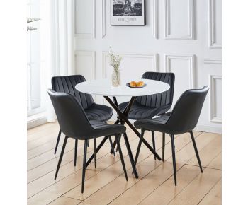 Cullompton Small Round Marble Effect Dining Table 90cm with 4 Black Bonded Leather Chairs
