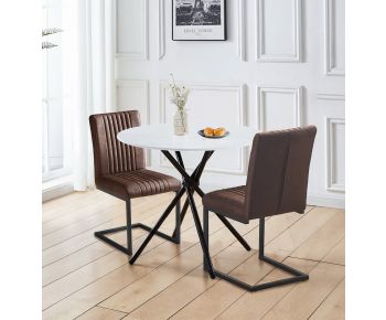 Cullompton Small Round Marble Effect Dining Table 90cm with 2 Brown Leather Effect Chairs