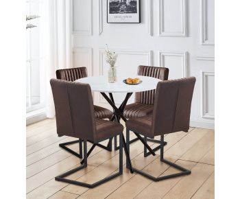 Cullompton Small Round Marble Effect Dining Table 90cm with 4 Brown Leather Effect Chairs