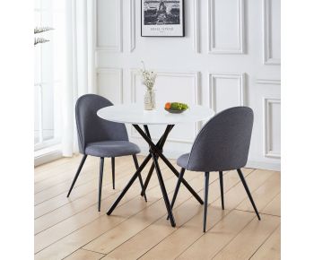 Cullompton Small Round White Marble Effect Dining Table 90cm with 2 Curved-back Grey Fabric Chairs