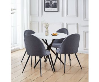 Cullompton Small Round White Marble Effect Dining Table 90cm with 4 Curved-back Grey Fabric Chairs