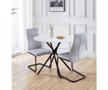 Cullompton Small Round White Marble Effect Dining Table (0.9m) with 2 Grey High-back Dining Chairs