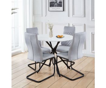 Cullompton Small Round White Marble Effect Dining Table (0.9m) with 4 Grey High-back Dining Chairs