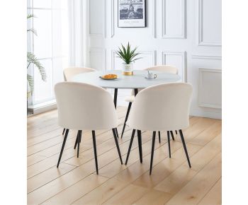 Cullompton Large Round White Marble Effect Dining Table 120cm with 4 Curved-back Beige Fabric Chairs