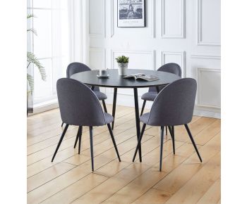 Cullompton Large Round Black Dining Table 120cm with 4 Curved-back Grey Fabric Chairs