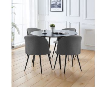 Cullompton Large Round Black Dining Table 120cm with 4 Curved-back Dark Grey Fabric Chairs