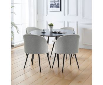 Cullompton Large Round Black Dining Table 120cm with 4 Curved-back Light Grey Fabric Chairs