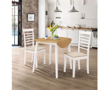Ledbury Drop Leaf Round Table Set with 2 Chairs in White Painted and Oak Finish