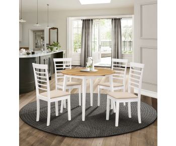 Ledbury Drop Leaf Round Table Set with 4 Chairs in White Painted and Oak Finish