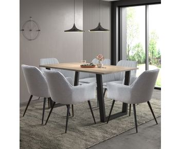 Dudley 1.5m Dining Table Set with 6 Grey Fabric Dining Chairs with Armrest