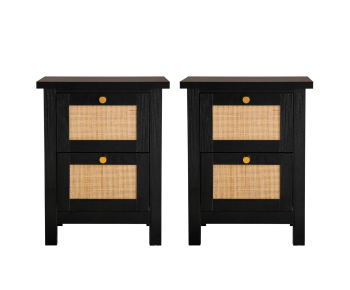 Newquay Black Bedside with 2 Drawer and Real Rattan Front (Pair)