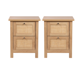 Newquay Oak Effect Bedside Table with 2 Drawer and Real Rattan Front (Pair)