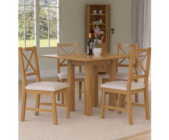Waverly Small Folding Table with 4 Cross Back Oak Chairs with Beige Fabric Seats