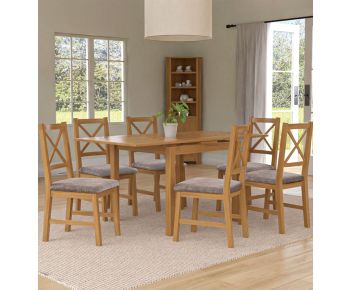 Waverly Small Extending Table with 6 Cross Back Oak Chairs with Steel Grey Fabric Seats