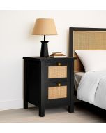 Newquay Black Bedside with 2 Drawer and Real Rattan Front