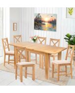 Camberley Oak Butterfly Extending Dining Table with 6 Cross Back Chairs in Beige Fabric Seats