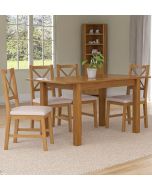 Camberley Oak Butterfly Extending Dining Table with 4 Cross Back Chairs in Beige Fabric Seats