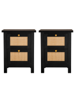 Newquay Black Bedside with 2 Drawer and Real Rattan Front (Pair)