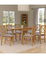 Waverly Small Extending Table with 6 Cross Back Oak Chairs with Steel Grey Fabric Seats