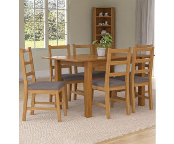 Camberley Oak Butterfly Extending Dining Table with 6 Ladder Back Chairs in Light Grey Fabric Seats