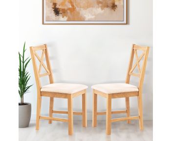 Pair of Oak Small Cross Back Chairs with Beige Fabric Seat